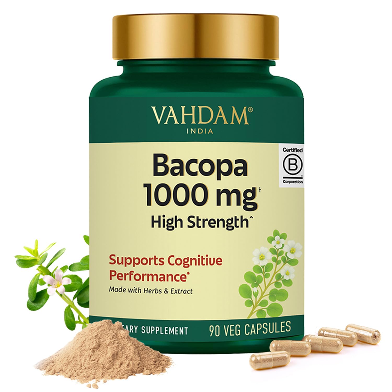 VAHDAM Bacopa Monnieri Capsules 1000mg | Supports Cognitive Performance | High Strength Made with Herbs & Extract | 90 Veg Capsules