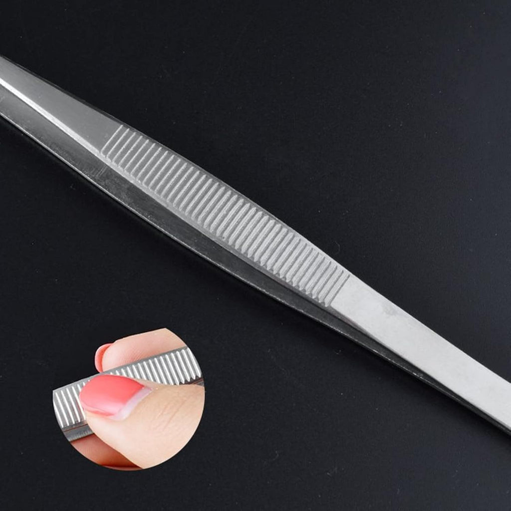 Long Forceps Tweezers, Serrated Bent Flat Tips Precision Curved Science Surgical Tongs Jewelers Needle Metal Sewing Sharp Small Kitchen Cooking Tweezers With Teeth Knurled Handles (1PCS)