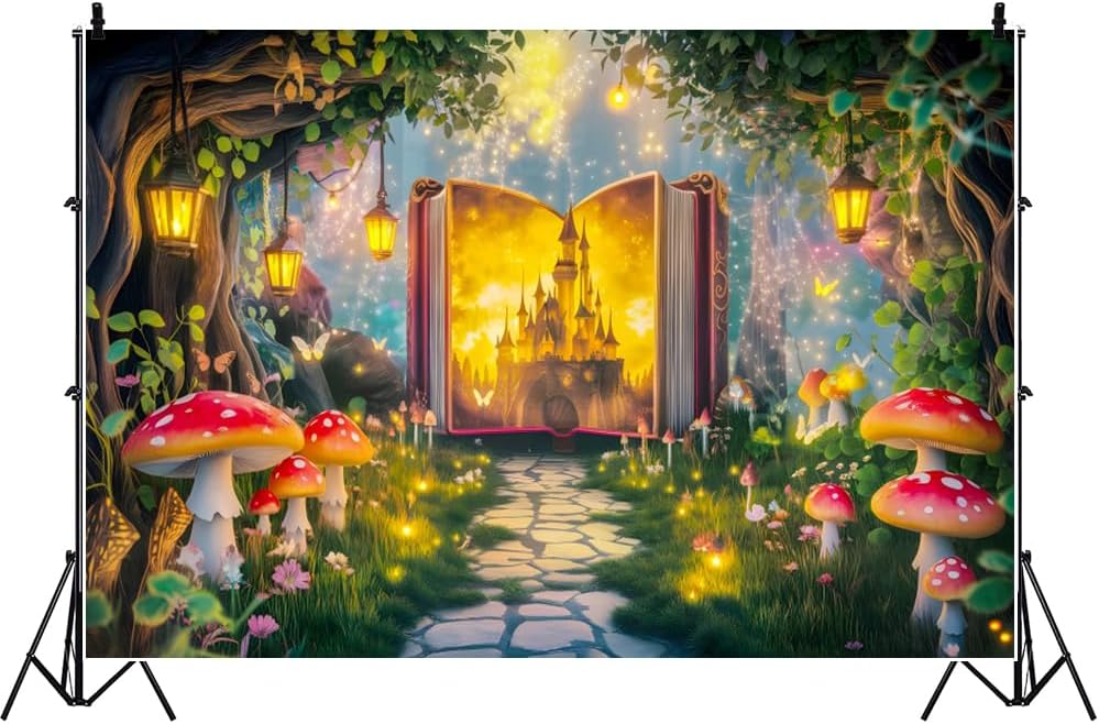 AOFOTO 6x4ft Fairy Tale Castle Books Photography Backdrop Wonderland Tree House Mushroom Butterfly Magic Story Book Background Girls Princess Kids Birthday Party Decoration Photo Banner Props