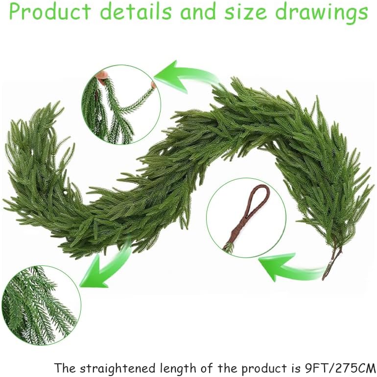 9 FT Artificial Norfolk Pine Garland, Real Touch Dense Faux Greenery Garland for Mantle, Table, Wall, Indoor & Outdoor Christmas Decorations, Christmas Garland
