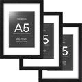 Homeforia A5 Picture Frame Black Wood, High-End Oak 5.8x8.3 Frame Matted to 4.1x5.8 inch Photo, A5 Size Walnut Wooden Frames with Mat A6 for Print, 5.8 by 8.3 Frame, Tempered Glass, Wall Kit, Set of 3