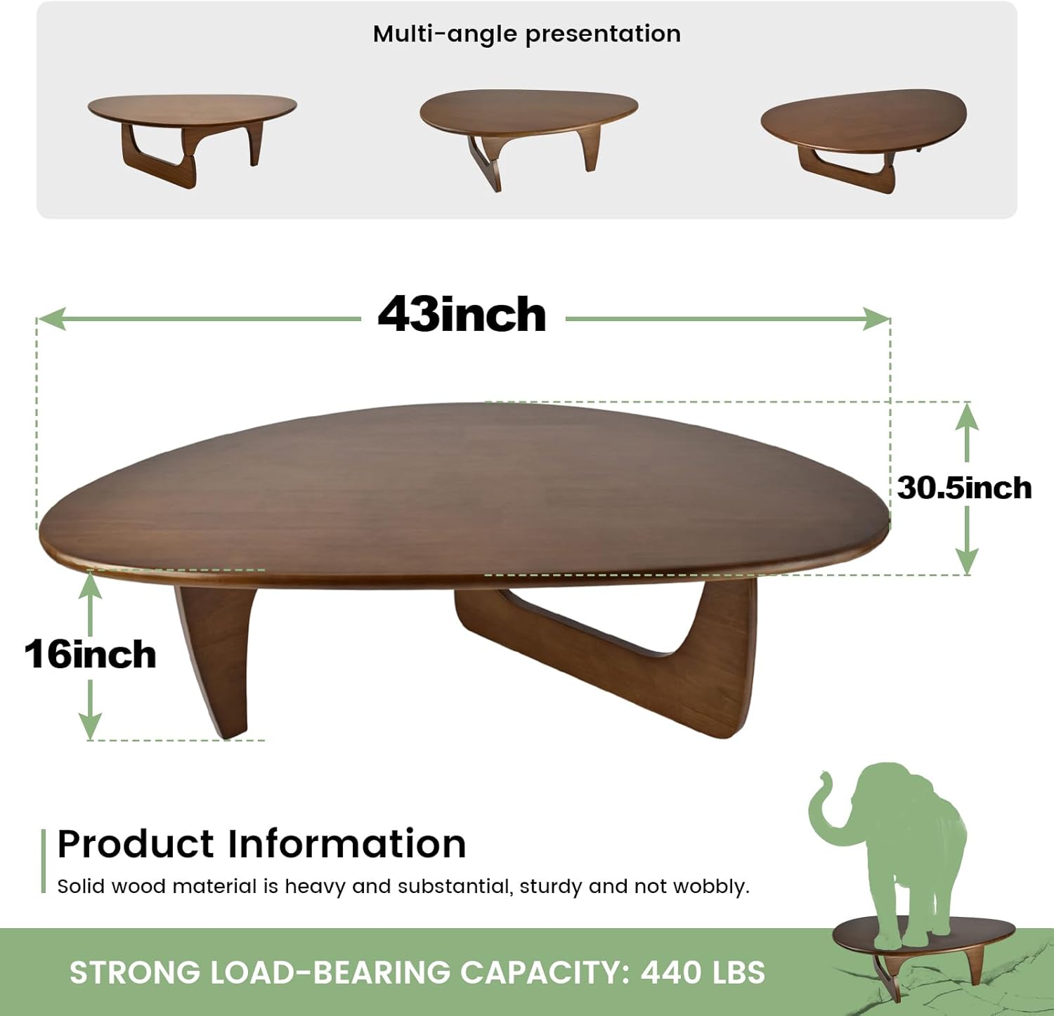 Solid Wooden Modern Triangle Coffee Table: Unique Funky Coffee Tables for Living Room, Oval Mid-Century Irregular Abstract Tea Tables for Patio Office Balcony Bedroom (Walnut, 43" L x 31" W x 16" H)