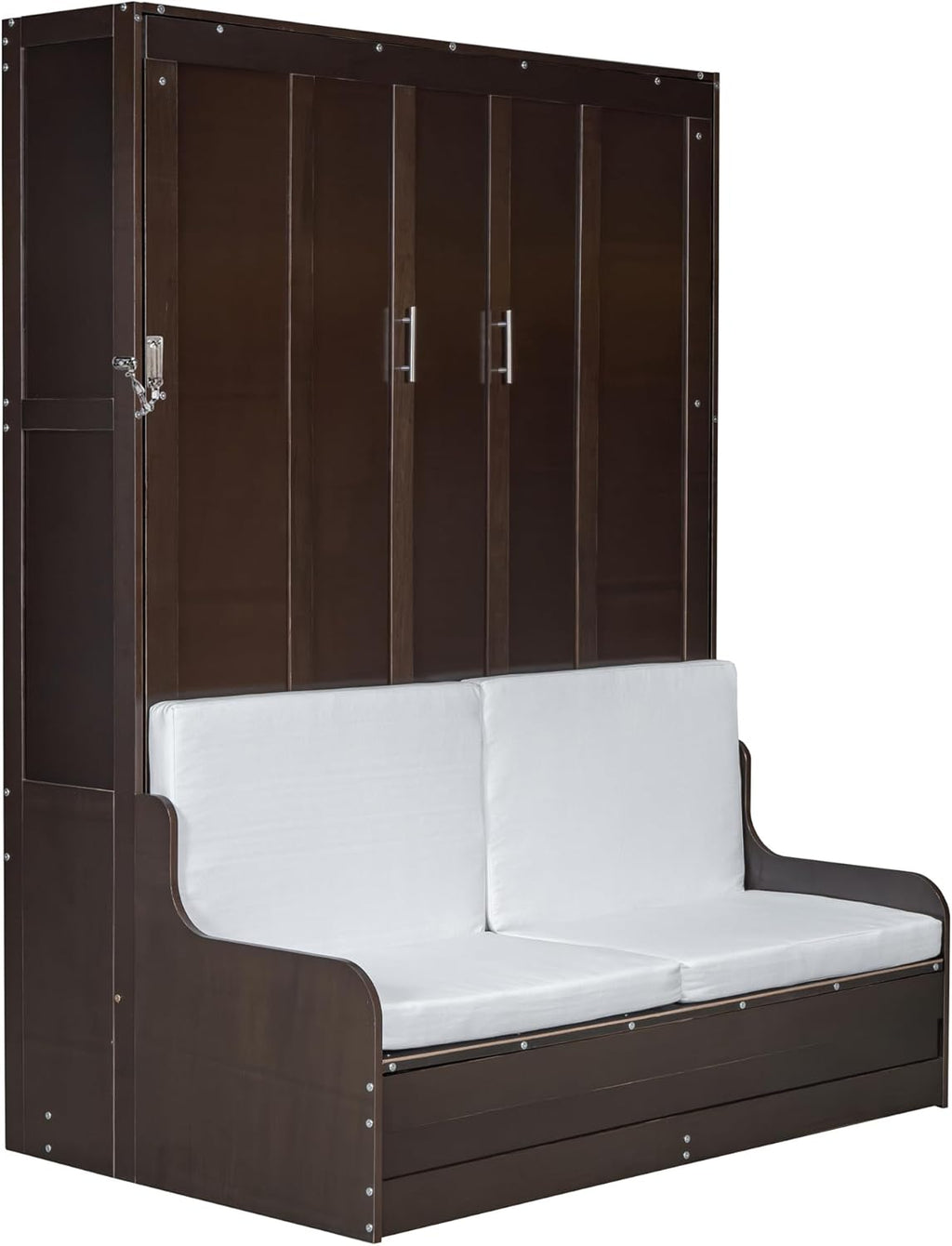 Merax Queen Size Murphy Bed Frame, Modern Wall Bed Can Be Folded into Cabinet, Chair with Cushion, Espresso
