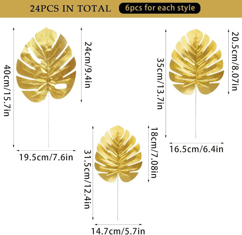 CCINEE 24PCS Golden Artificial Palm Leaves, 3 Sizes Faux Monstera Leaves Simulation Safari Leaves with Stems for Home Hawaiian Luau Party Jungle Beach Theme Party Decoration