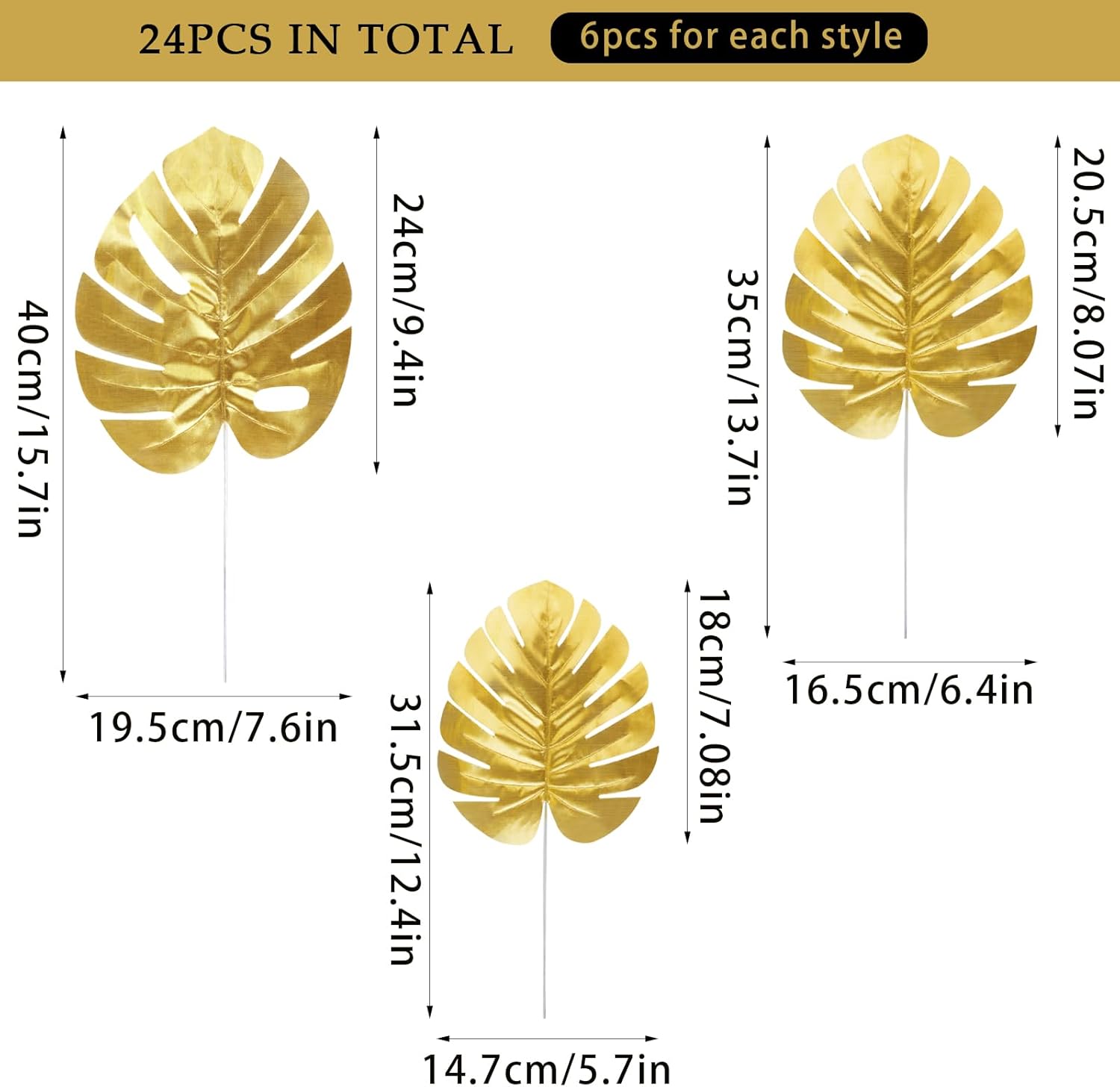 CCINEE 24PCS Golden Artificial Palm Leaves, 3 Sizes Faux Monstera Leaves Simulation Safari Leaves with Stems for Home Hawaiian Luau Party Jungle Beach Theme Party Decoration
