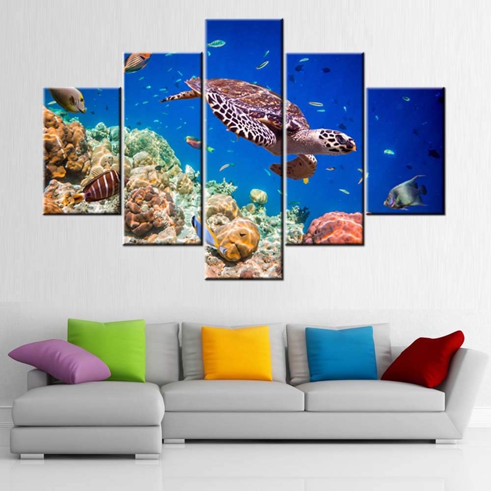 Artwork for Walls Turtle and Tropical Fishes Wall Art Seaview Pictures for Living Room 5 Piece Printed on Canvas Blue Paintings Modern Home Decor Framed Gallery-Wrapped Ready to Hang(60''Wx40''H)