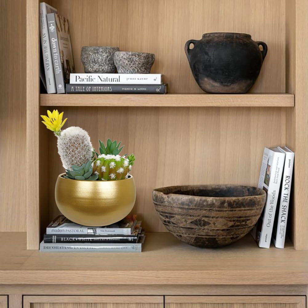 Oairse Artificial Cactus Plants Indoor, 7" Assorted Small Faux Succulent in Pots Fake Potted Desk Plant with Gold Bowl Mini Succulents Artificial Cactus Decor for Home Office Bathroom Table Shelf