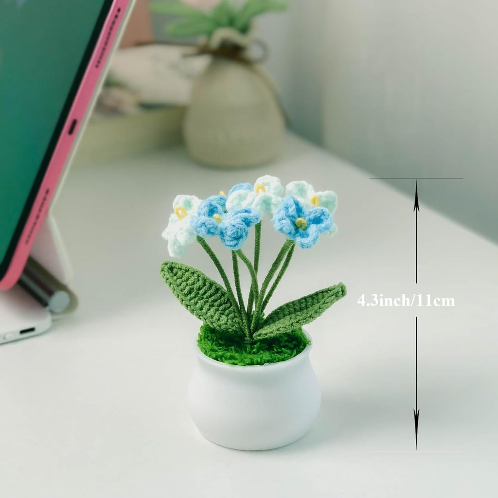 Crochet Flowers Cute Little Potted Flower, Gift for Birthday, Teacher’s Day, Graduation, Anniversary, Valentines, Decor for Car Dashboard,Home Office Decoration (Blue Gradient Myosotis)