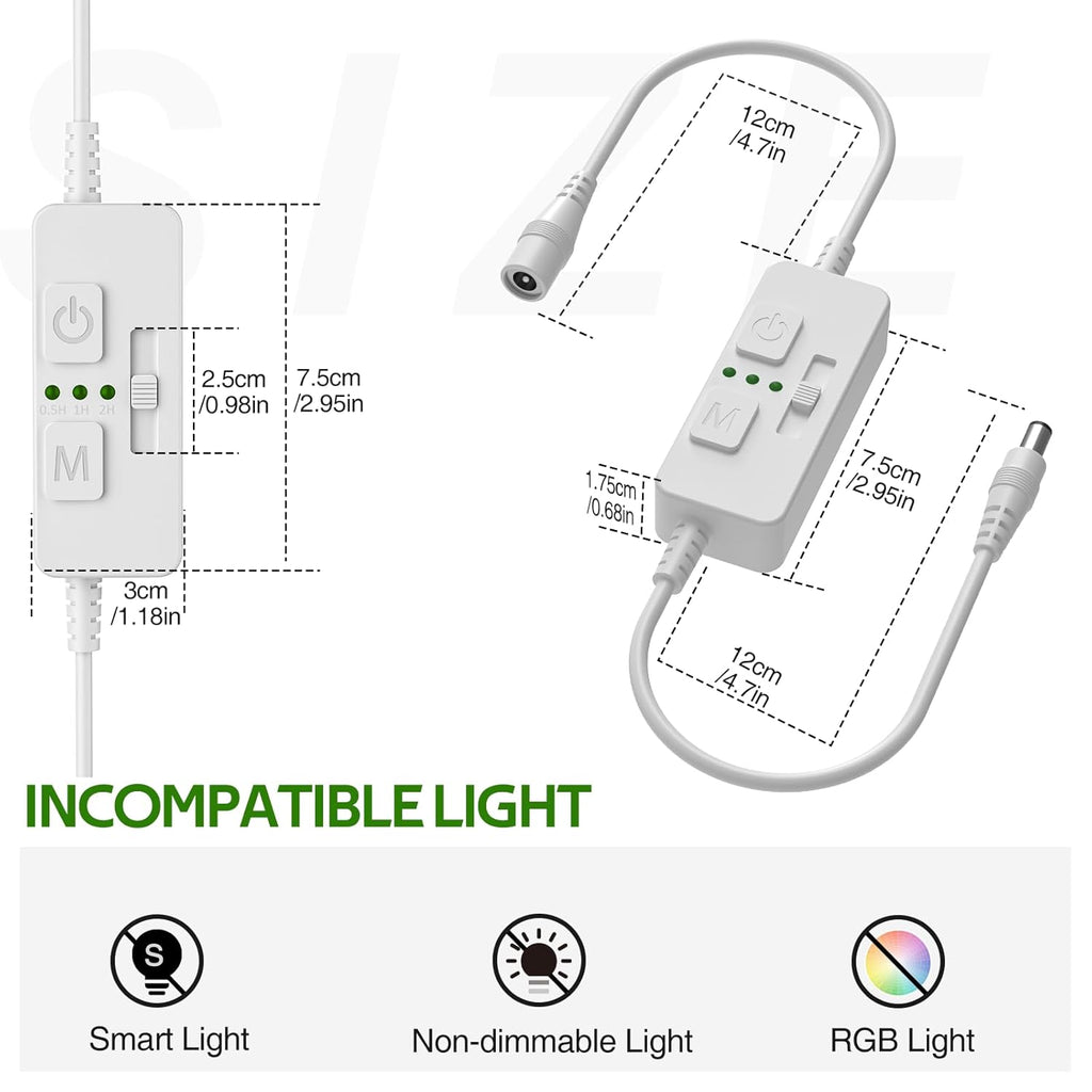 AIBOO Single Color Slider Dimmer with Timer - PWM 1pc DC 5V/12V/24V LED Controller, 36W Max, Slide Brightness Control & Auto-Off for LED Strip Lights, Closet, Counter, Aquarium Lighting (White)