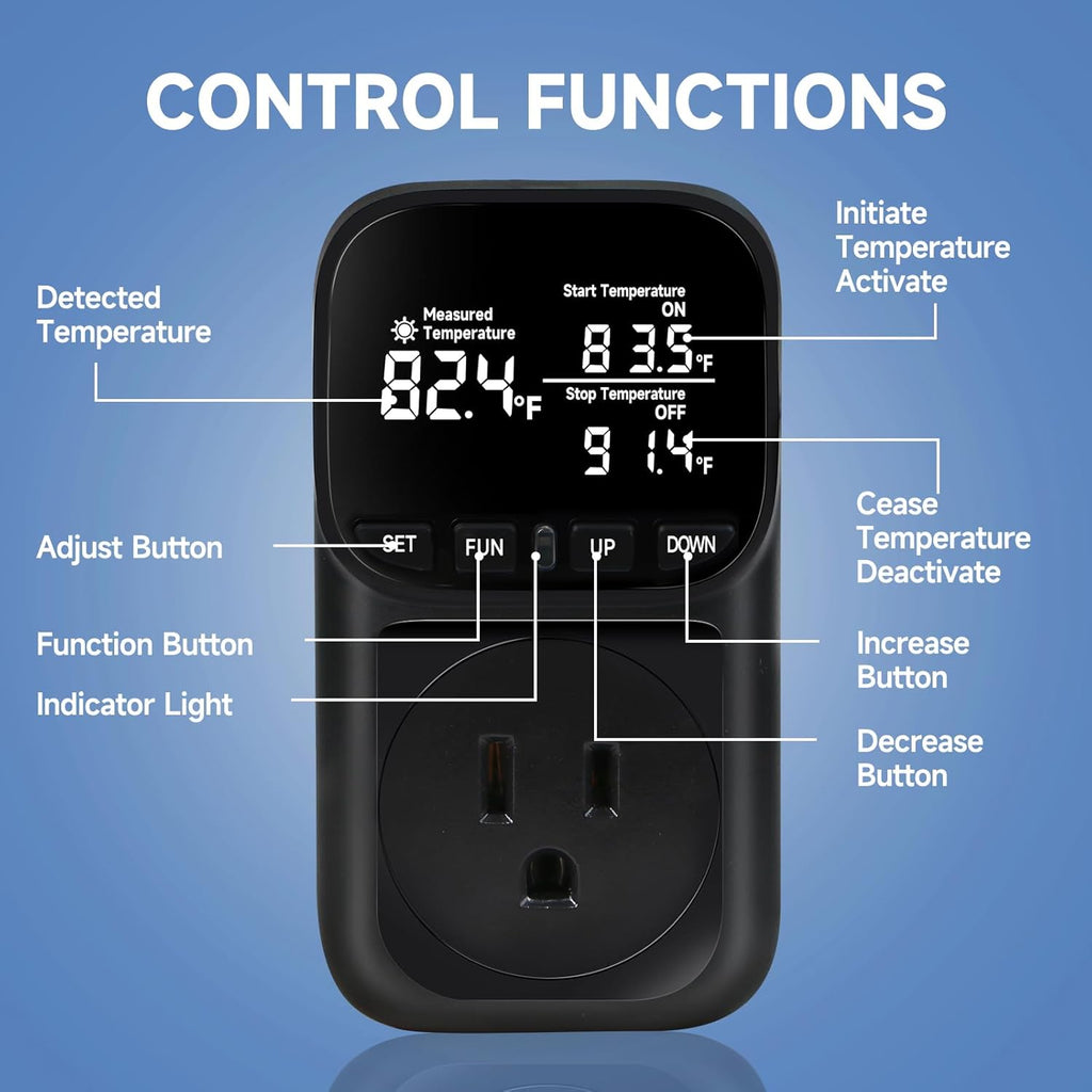 Temperature Controlled Outlet , 15A/1800W Digital Thermostat Outlet, Cyclic Timing/Countdown, -40℉~210℉ VA Display Heating Cooling Control Timer with 2Pcs Probe Cable for Reptile Incubator