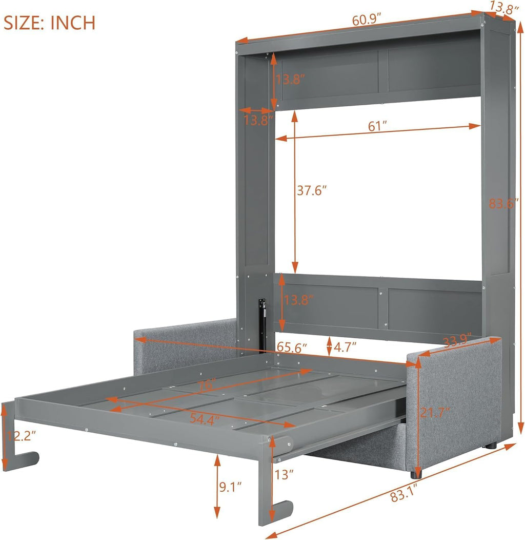 MERITLINE Full Murphy Bed with Couch,Wood Murphy Bed Cabinet with Sofa,Fold up Bed Grey Murphy Wall Bed Full Size