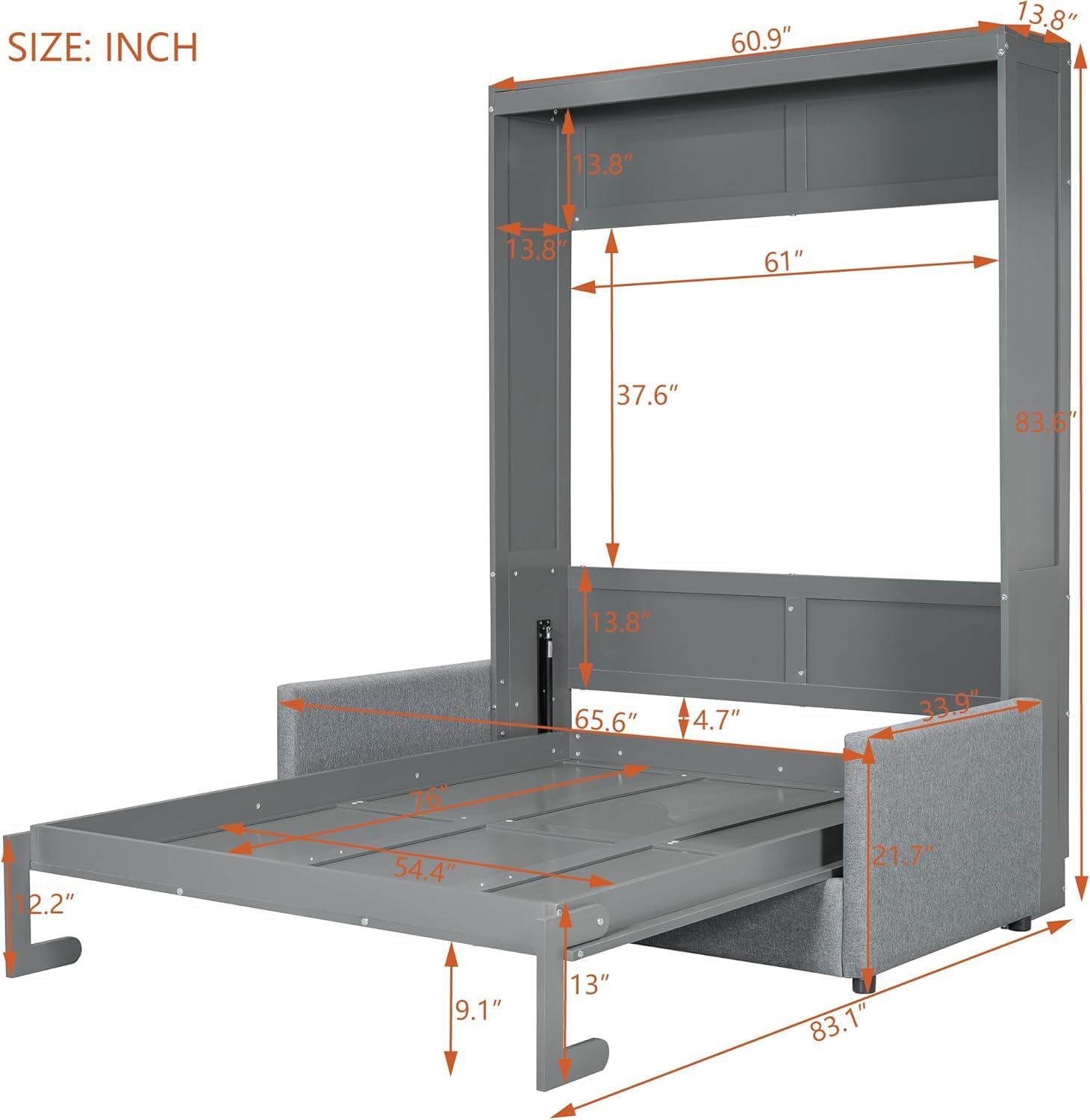 MERITLINE Full Murphy Bed with Couch,Wood Murphy Bed Cabinet with Sofa,Fold up Bed Grey Murphy Wall Bed Full Size