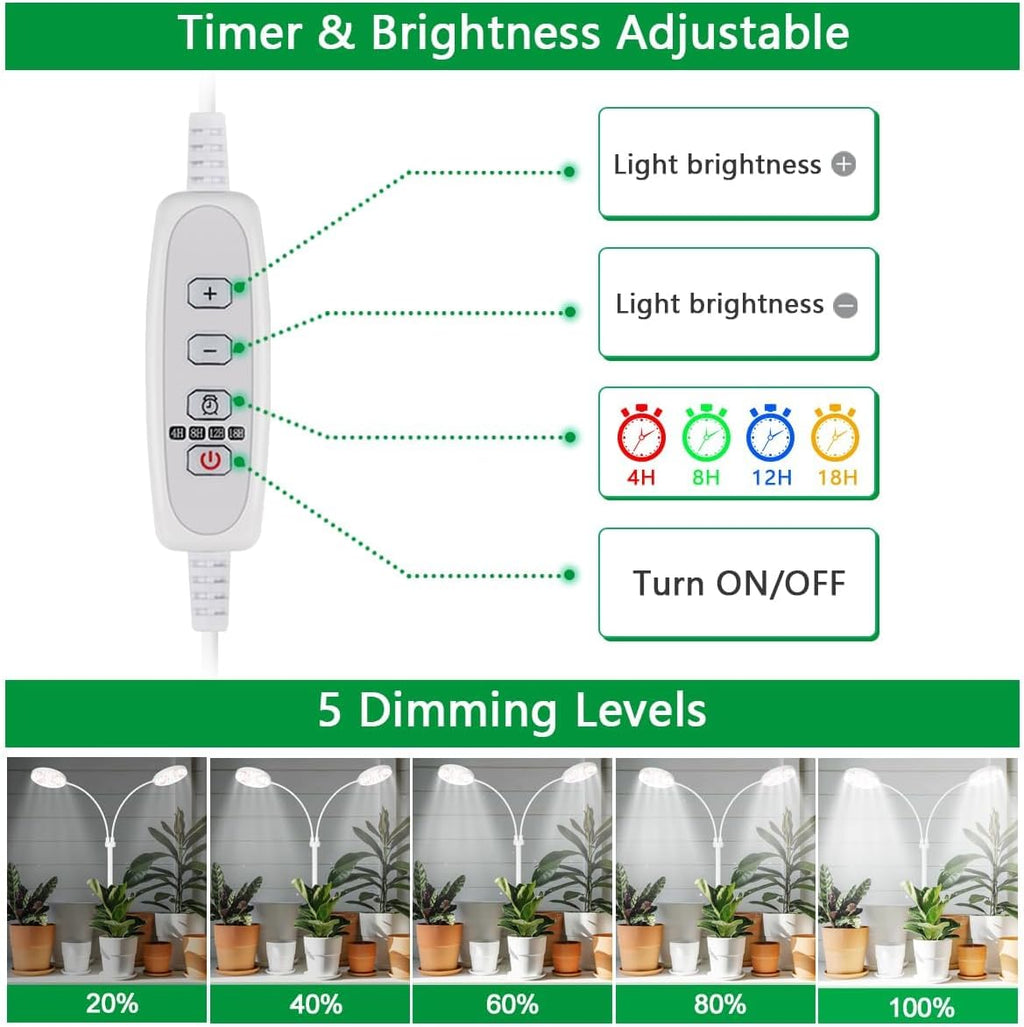 GYTF Grow Light Dual Ring 3.5" with Base, 122 LEDs 6000K White Full Spectrum Gooseneck Plant Lamp for Indoor Desk Plants, Dimmable & Height Adjustable 9-16", Timer 4/8/12/18Hrs
