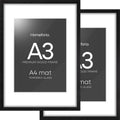 Homeforia A3 Picture Frame Black Wood, High-End Oak 11.7 x 16.5 Black Poster Frames Matted to 8.3 by 11.7 Photo, 11.7x16.5 Size Wooden Frame with Mat 8.3x11.7 Print, Tempered Glass, Wall Kit, Set of 2