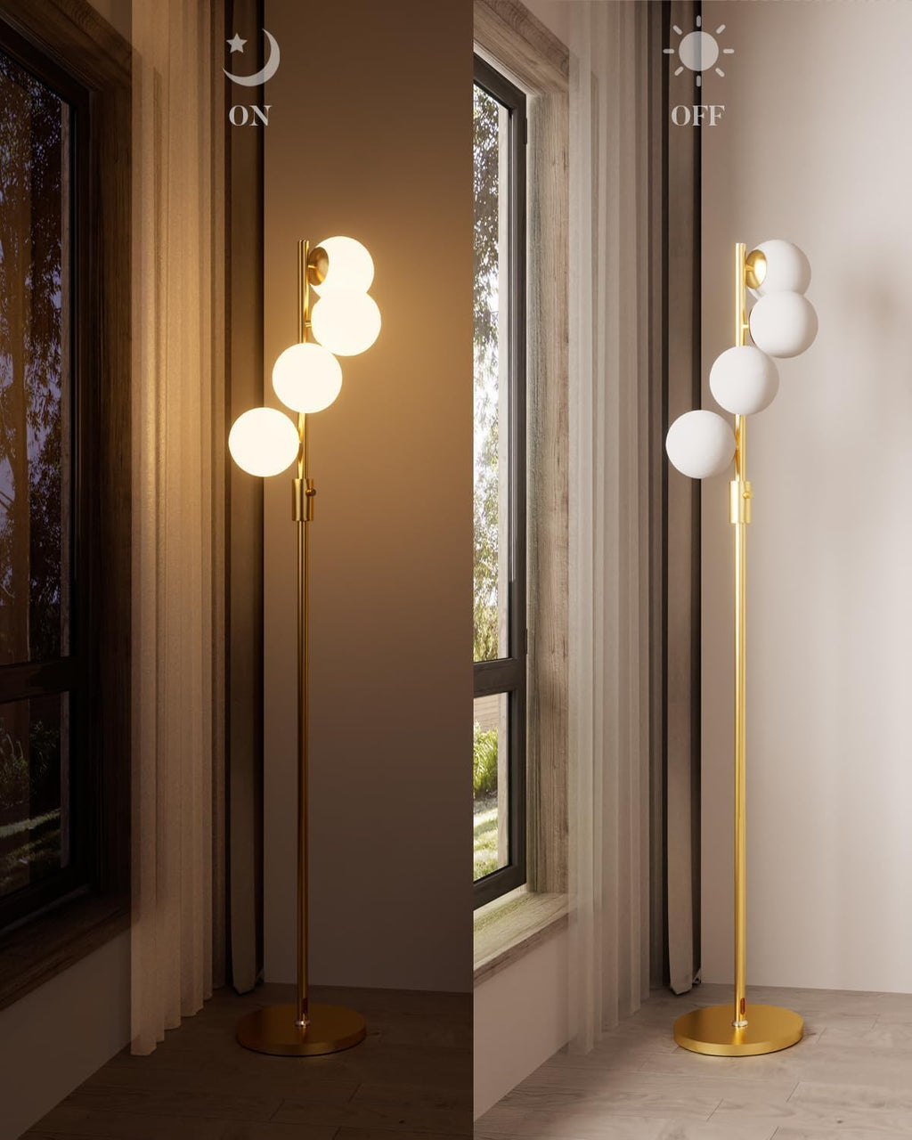 Lightdot 64IN Dimmable (Brightness Adjustable) Globe Floor Lamp, Gold Standing Lamps with 4PCS 3000K G9 Bulbs Soft Warm White Eye Care, Mid Century Modern Floor Lamp for Living Room