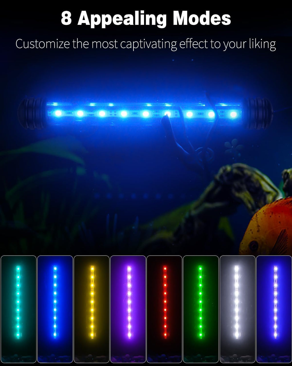 Pawfly 1.8 W Aquarium LED Light 7.5 Inch Underwater Fish Tank Light with Timer Auto On/Off Fish Tank Background Lights with 8 Lighting Modes Submersible Multi-Colored Tube Lights for Decoration