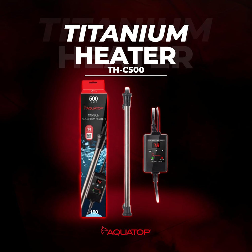 Aquatop 500W Titanium Heater with Controller – Fully Submersible - Up to 150 Gal – 68-92°F Adjustable Temperature – Ideal for Turtles & Large Fish