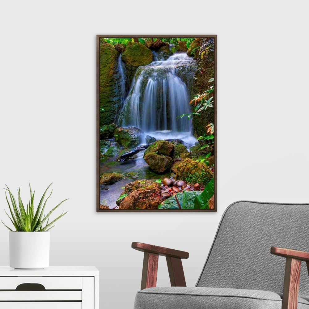 CANVAS ON DEMAND Waterfall in Tropical Rainforest of Fairchild Tropical Gardens, Walnut Float Framed Canvas Wall Art Print, Home Decor, Floral, Flowers, Nature Artwork, 16" x24in