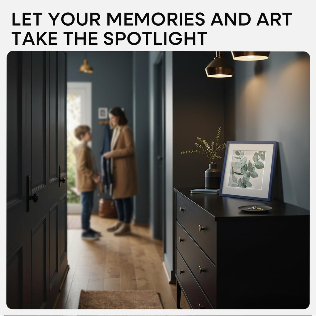 Homeforia Navy Blue Frame 8x8, High End Metal 8 x 8 Square Picture Frames with Mat 6 x 6 Art, 8x8 Photo Frame Matted to 6x6 inch Print, 8by8 Wall or Tabletop Frames, Tempered Glass, Wall Kit, Set of 1