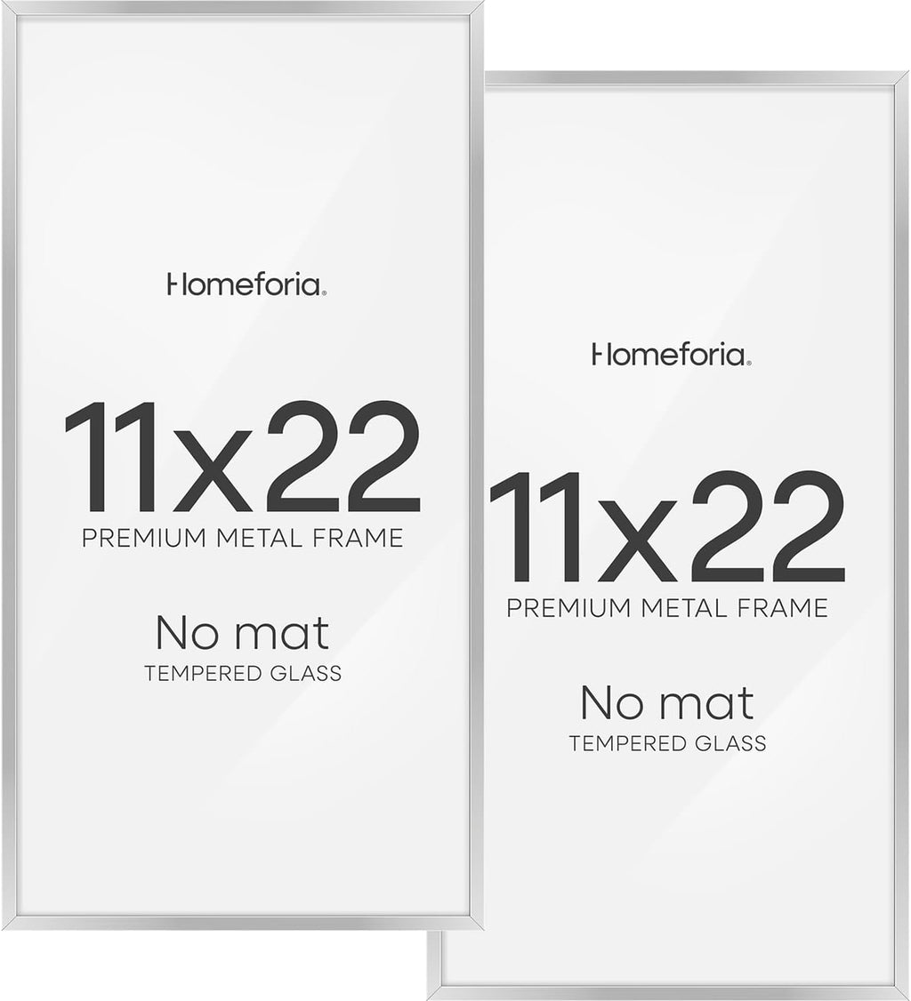 Homeforia 11x22 Newspaper Frame Silver, High End Metal 11 x 22 Picture Frame without Mat, 22x11 Thin Silver Poster Frames for Wall, 11by22 inch Display Photo Frames, Tempered Glass, Wall Kit, Set of 2
