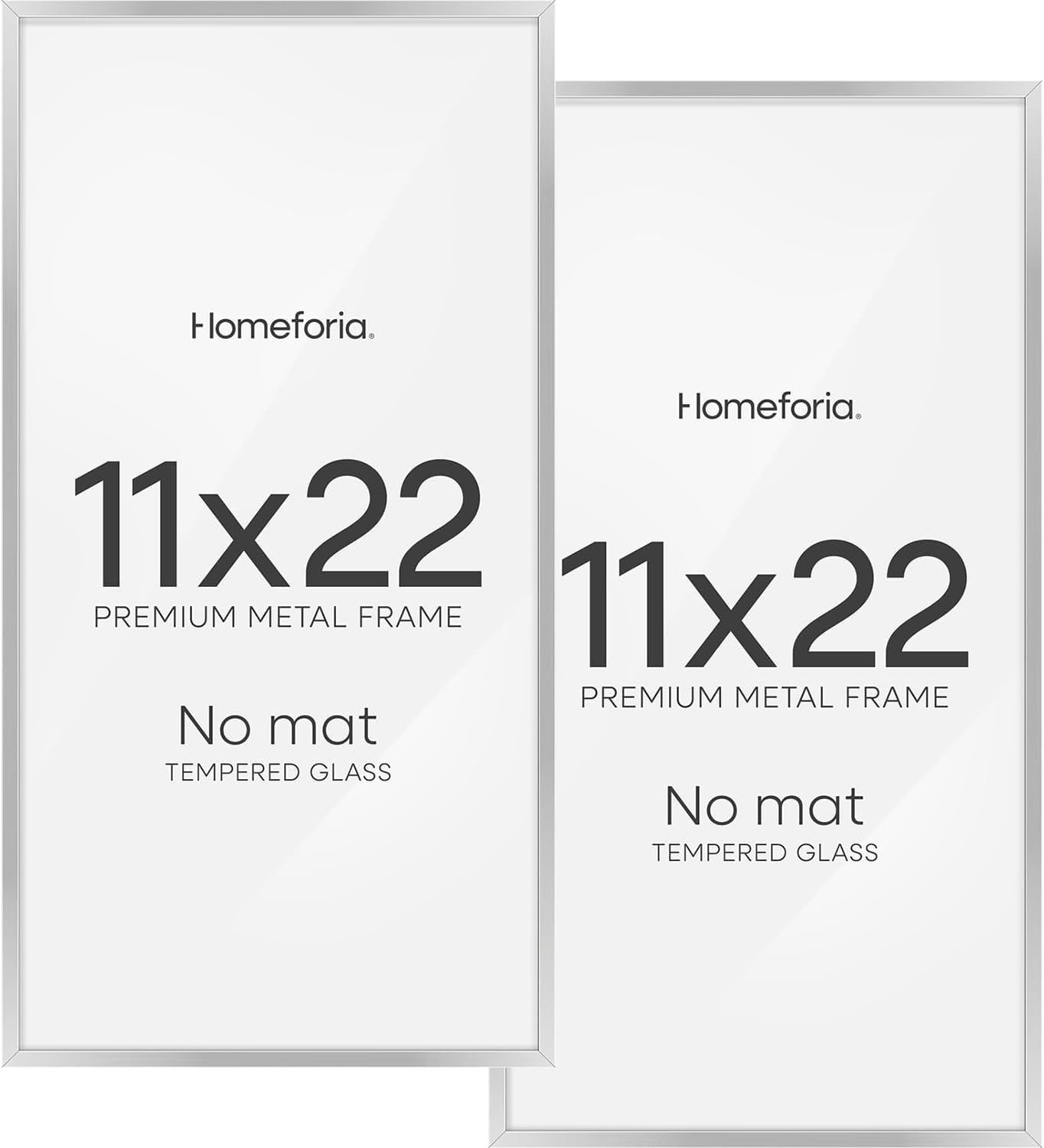Homeforia 11x22 Newspaper Frame Silver, High End Metal 11 x 22 Picture Frame without Mat, 22x11 Thin Silver Poster Frames for Wall, 11by22 inch Display Photo Frames, Tempered Glass, Wall Kit, Set of 2