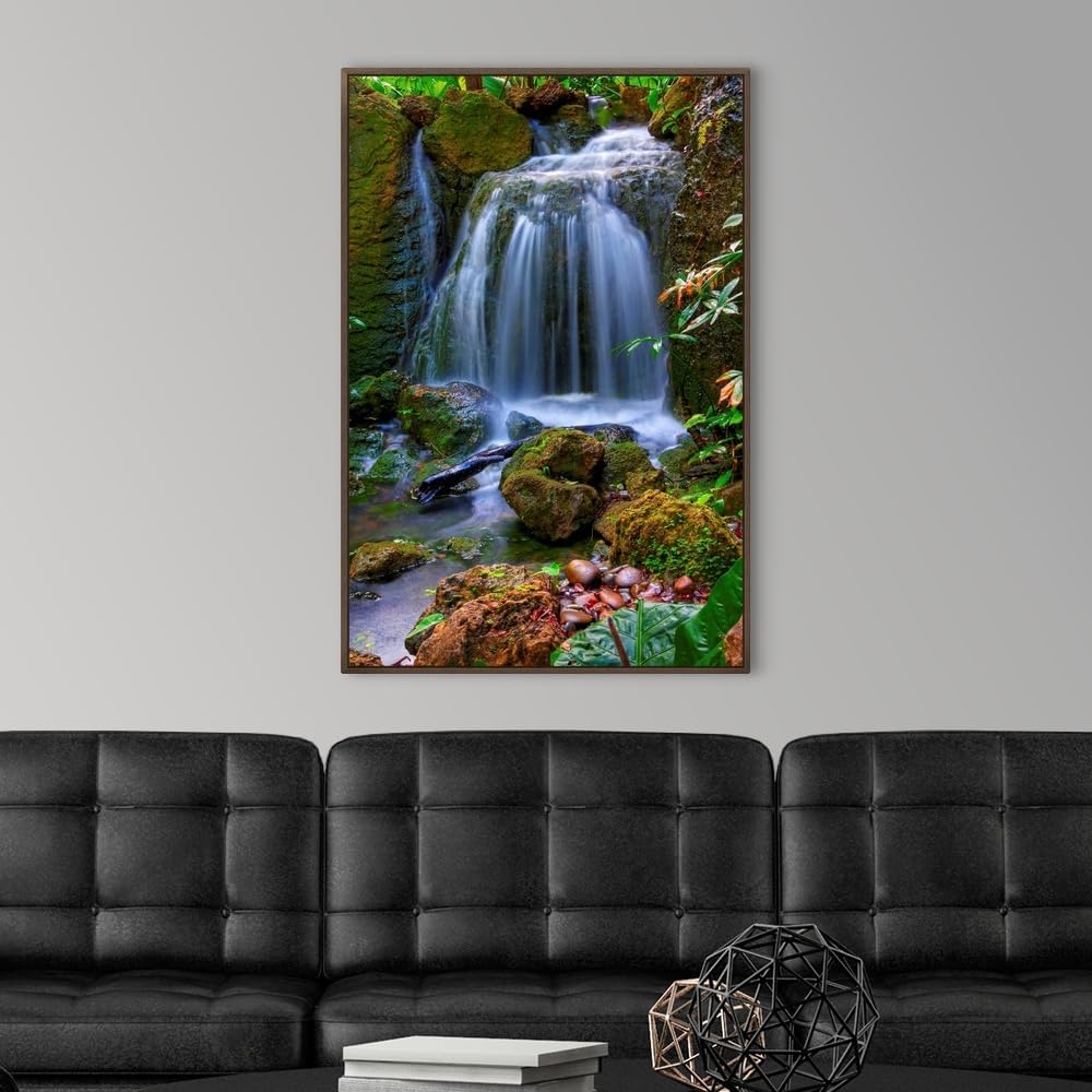 CANVAS ON DEMAND Waterfall in Tropical Rainforest of Fairchild Tropical Gardens, Walnut Float Framed Canvas Wall Art Print, Home Decor, Floral, Flowers, Nature Artwork, 24" x36in