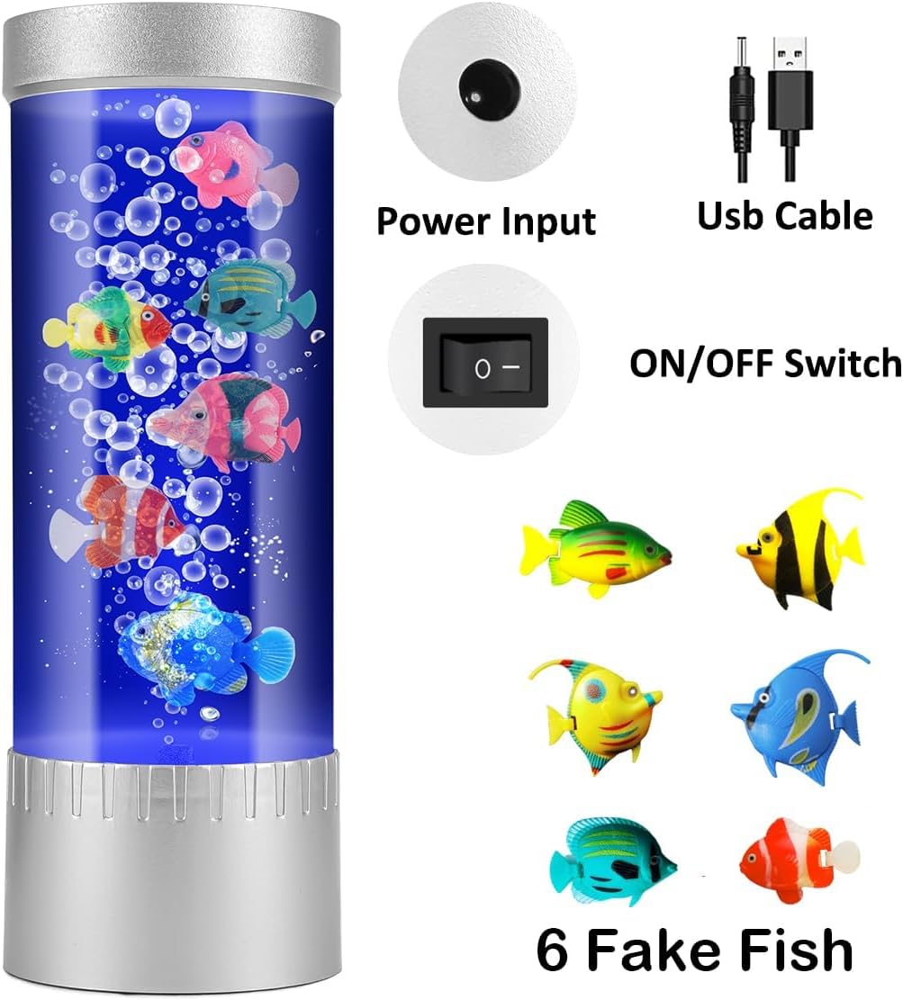 Bubble Fish Lamp with 6 Floating Fake Fish – LED Aquarium Night Light with Bubbles – Cylindrical Transparent Tank, Perfect for Kids’ Rooms, Offices, and Living Spaces