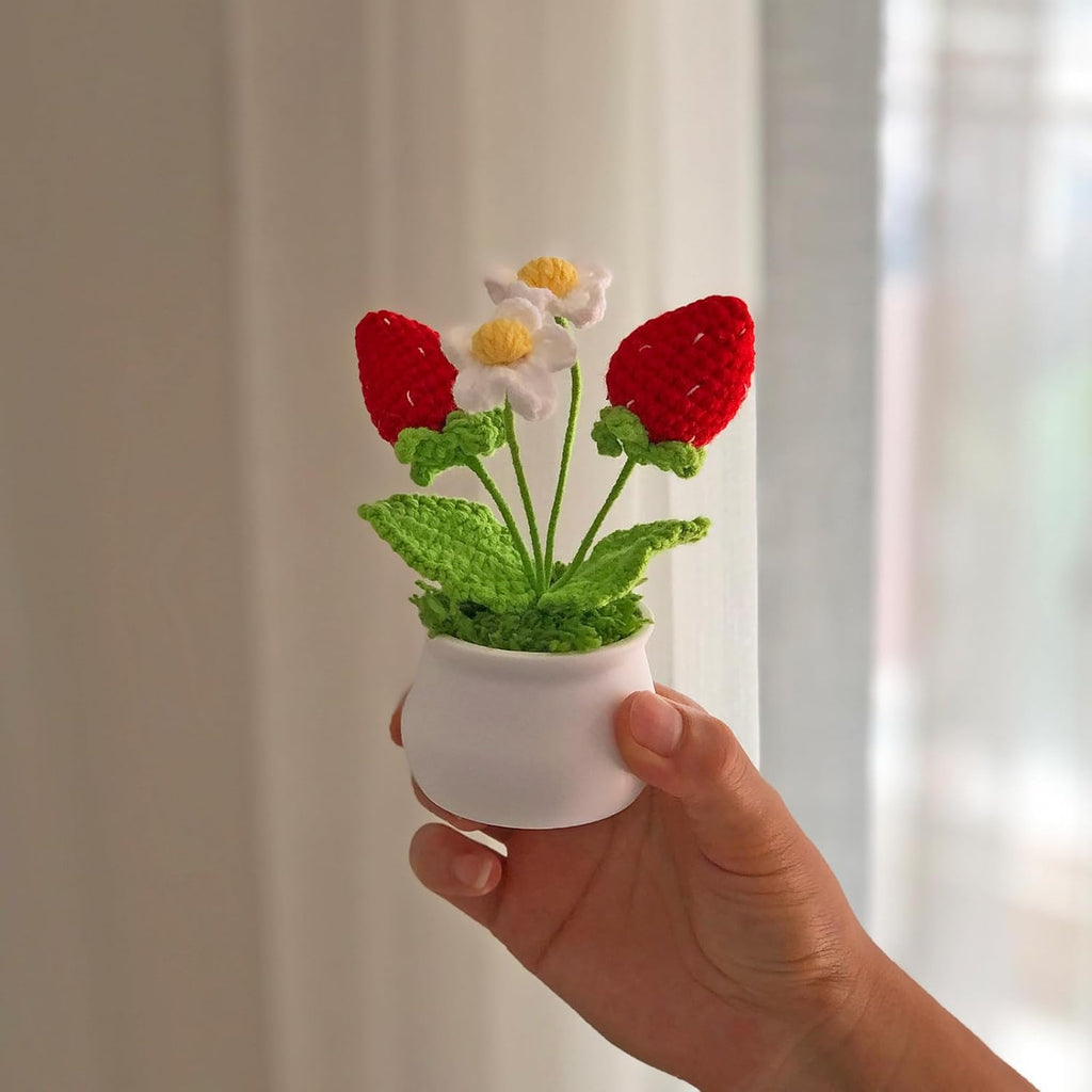 Crochet Flowers Cute Little Potted Flower, Gift for Birthday, Teacher’s Day, Graduation, Anniversary, Christmas, Decor for Car Dashboard,Home Office Decoration (Strawberry)