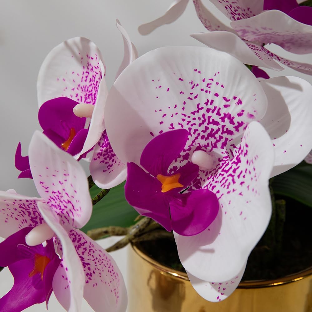 LESING Artificial Orchid Flower with Vase Realistic Orchids Faux Flower Fake Orchid Bonsai Plants in Pot Arrangement for Home Wedding Party Dining Table Centerpiece Decor (White Purple,Gold Vase)
