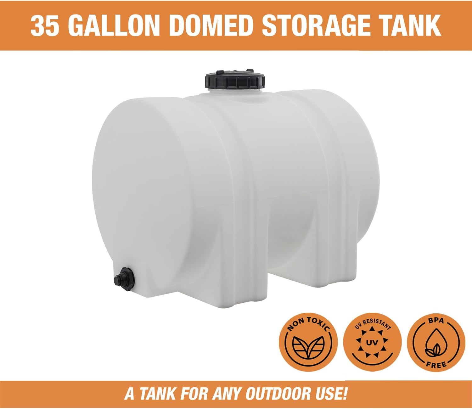 RomoTech 35 Gallon Polyethylene Storage Tank with Legs–Heavy-Duty Horizontal Water Storage Tank for Farms, Industrial or Chemical Use–UV-Resistant, Rustproof, BPA-Free Plastic Liquid Tank, 82126189