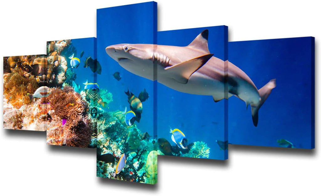 House Decorations Living Room Sharks and Many Small Fishes Pictures Blue Undersea Paintings 5 Panel Coral Canvas Wall Art Seascape Artwork Framed Giclee Ready to Hang Poster and Prints(50''Wx24''H)