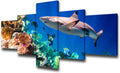 House Decorations Living Room Sharks and Many Small Fishes Pictures Blue Undersea Paintings 5 Panel Coral Canvas Wall Art Seascape Artwork Framed Giclee Ready to Hang Poster and Prints(50''Wx24''H)