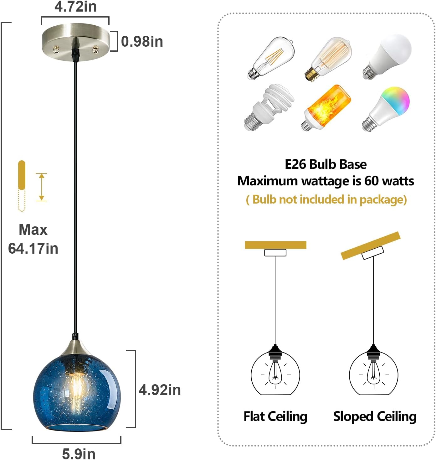 Blue Glass Pendant Lights Kitchen Island Lighting Globe Pendant Light Fixtures Modern Pendant Lighting for Kitchen Island Bedroom Living Dining Room Light Fixture(5.9in, 1-Pack)