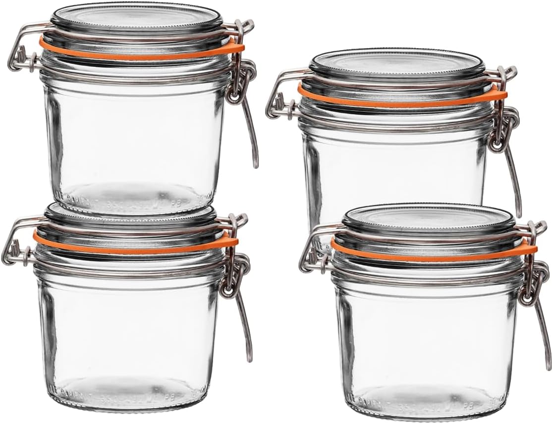 Le Parfait Super Terrine - 350ml French Glass Canning Jar w/Straight Body, Airtight Rubber Seal & Glass Lid, 12oz (Pack of 4) Stainless Wire