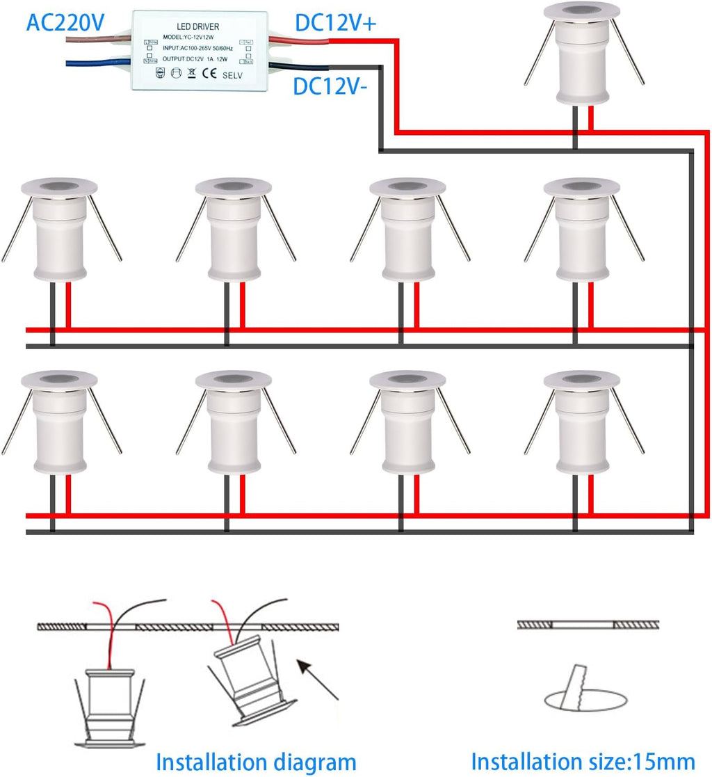 902 30°Led Mini Spotlight DC12V 1W,Suitable for bookcases,cabinets,and Various Display cabinets as Decorative Lights,Embedded Installation,Soft Lighting,with Power Supply (4000K,White,9Pack)