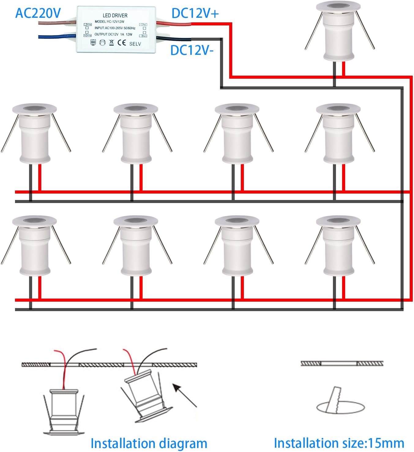 902 30°Led Mini Spotlight DC12V 1W,Suitable for bookcases,cabinets,and Various Display cabinets as Decorative Lights,Embedded Installation,Soft Lighting,with Power Supply (4000K,White,9Pack)