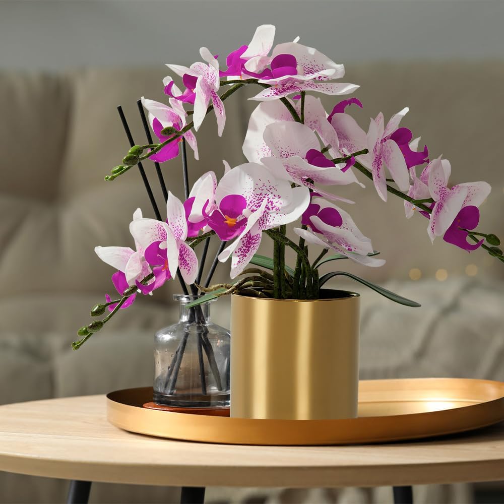 LESING Artificial Orchid Flower with Vase Realistic Orchids Faux Flower Fake Orchid Bonsai Plants in Pot Arrangement for Home Wedding Party Dining Table Centerpiece Decor (White Purple,Gold Vase)
