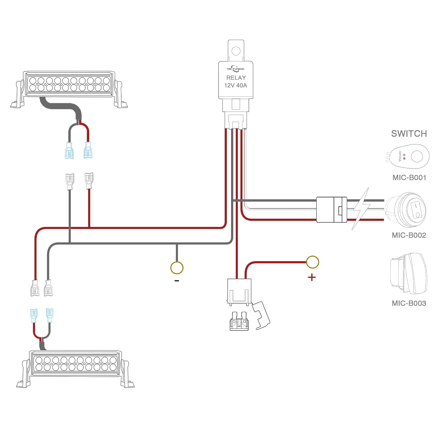 MICTUNING LED Light Bar Wiring Harness Off Road Power 40A Relay Fuse ON-Off Switch (2 Lead)
