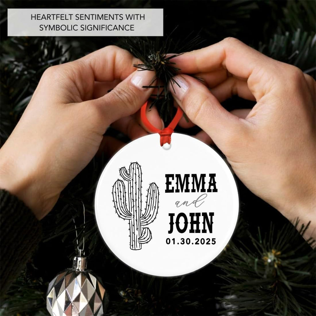 Andaz Press 2.8" Ceramic Porcelain Personalized Christmas Cactus Ornament, Western Cactus, Custom Cactus Christmas Ornaments, Succulent Ornament Cactus Decor, Wedding, Engagement Gift for Couples