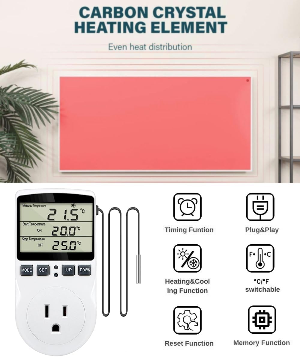 1800W Digital Thermostat Controller Plug in Heater Cooling Temperature Controller Outlet Socket W/External 1.7m Probe Day Night Timer Function 110V 15A