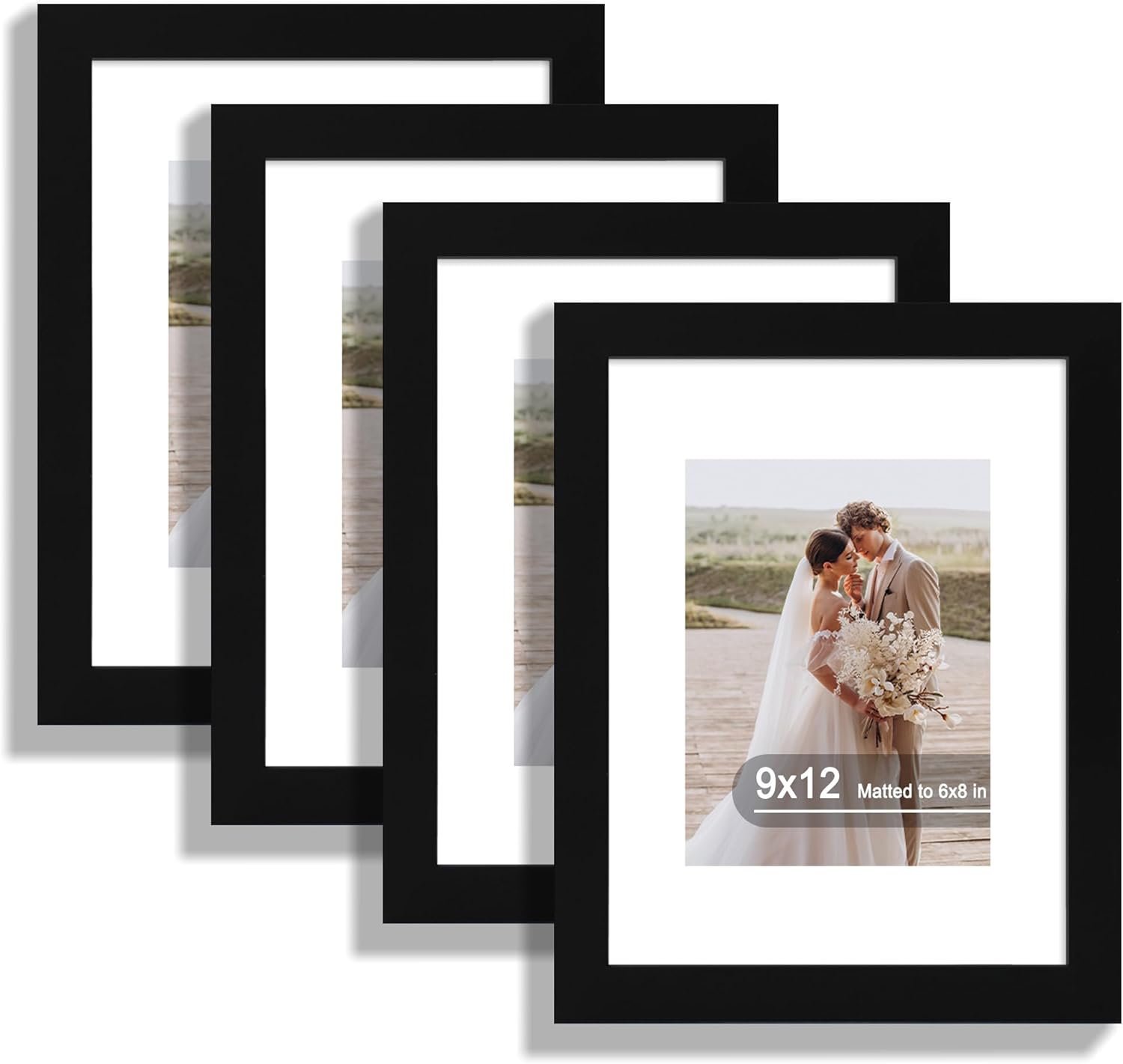 9x12 Picture Frame Set of 4, Made of Real Glass and Rustic Black Frame - Display Picture 6x8 with Mat or 9 x 12 Without Mat, 9 by 12 Photo for Wall or Tabletop