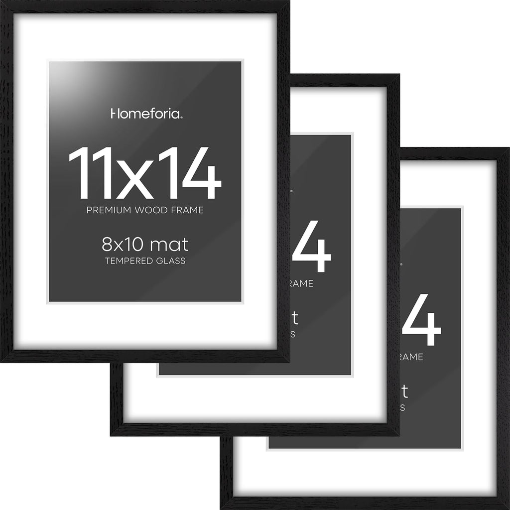 Homeforia 11x14 Picture Frame Black Wood, High End Oak 11x14 Poster Frames with Mat 8x10, 11 x 14 Wooden Frame Matted to 8 x 10 inch Photo, 14x11 Thin Hanging Frame, Tempered Glass, Wall Kit, Set of 3