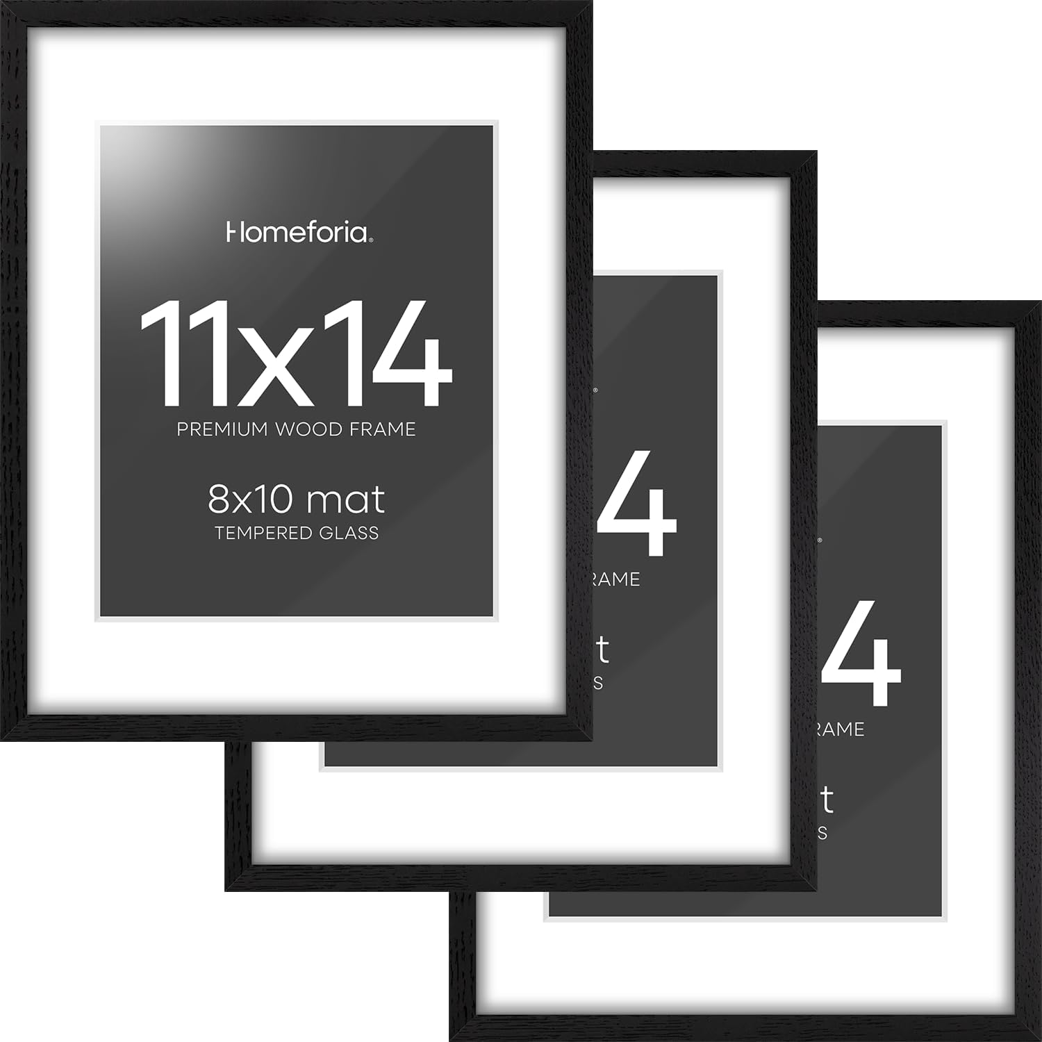 Homeforia 11x14 Picture Frame Black Wood, High End Oak 11x14 Poster Frames with Mat 8x10, 11 x 14 Wooden Frame Matted to 8 x 10 inch Photo, 14x11 Thin Hanging Frame, Tempered Glass, Wall Kit, Set of 3