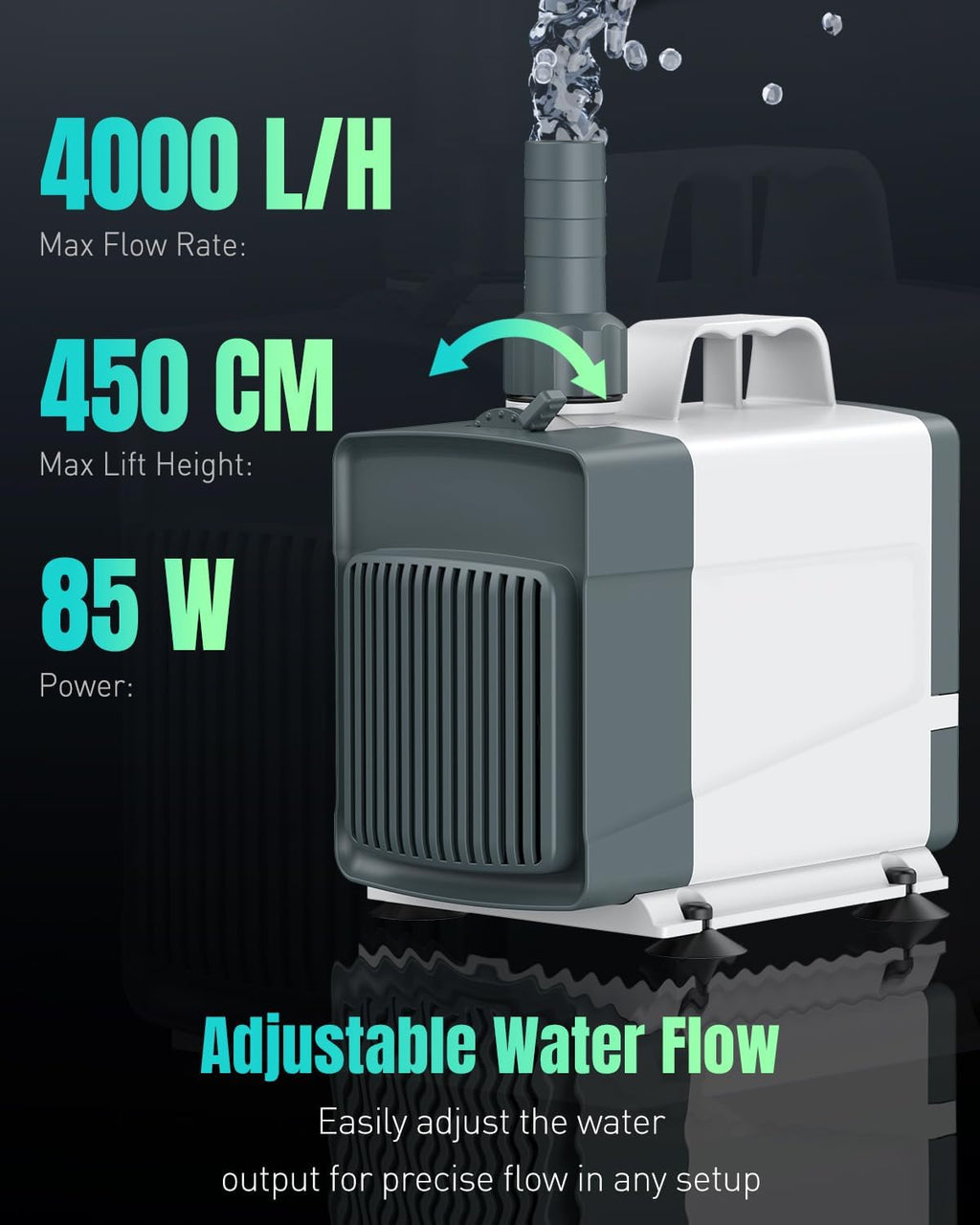 Pawfly 1060 GPH Fountain Pump, 85 W Submersible Water Pump with 14.8 ft. High Lift and 3 Nozzles, Quiet Water Fountain Pump for Aquarium Fish Tank Waterfall Pond & Hydroponics