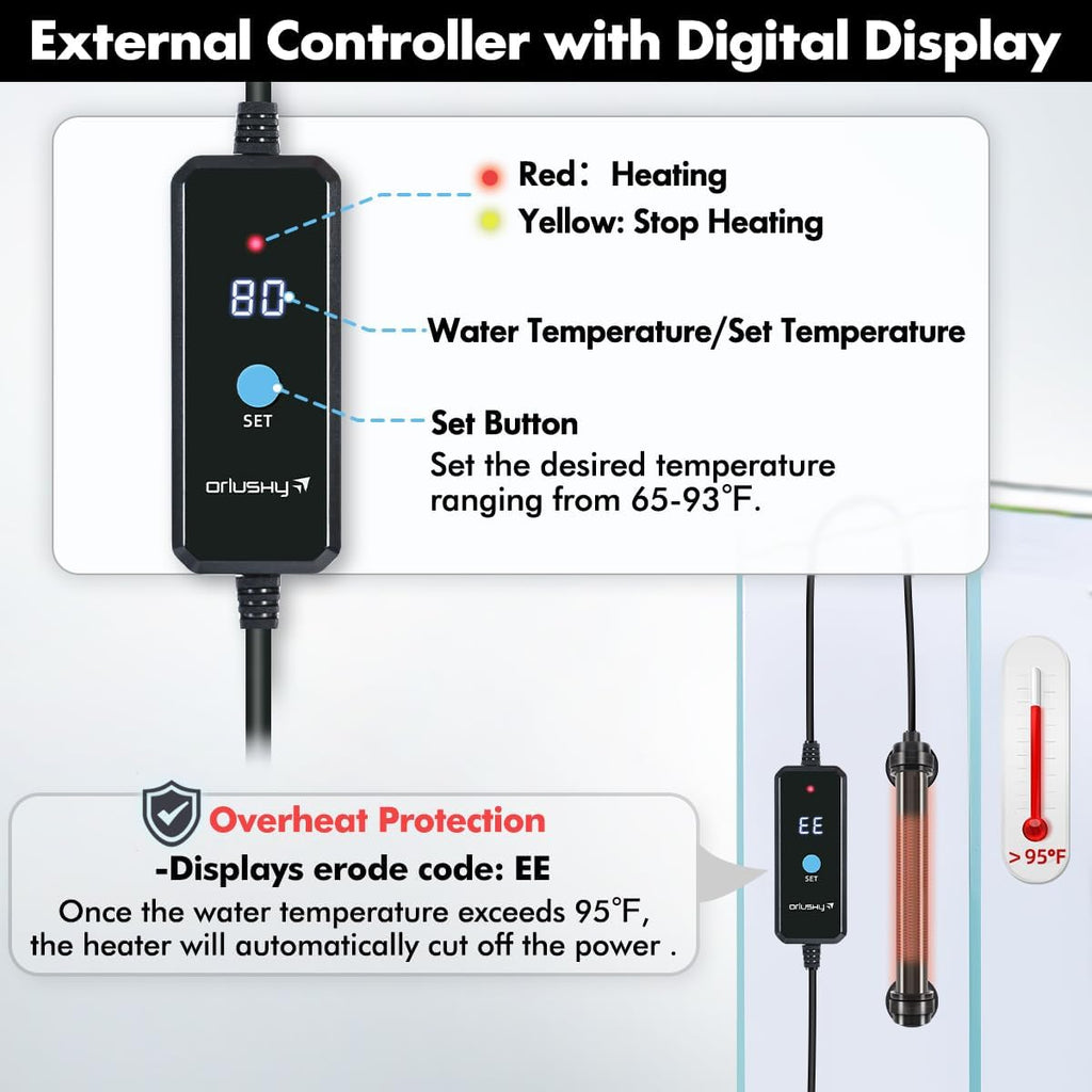 Orlushy 25W Submersible Mini Fish Tank Heater, Adjustable Aquarium Heater with Digital Display External Controller, Overheat Protection and Free Thermometer for 1-5 Gallon Freshwater & Saltwater Tank
