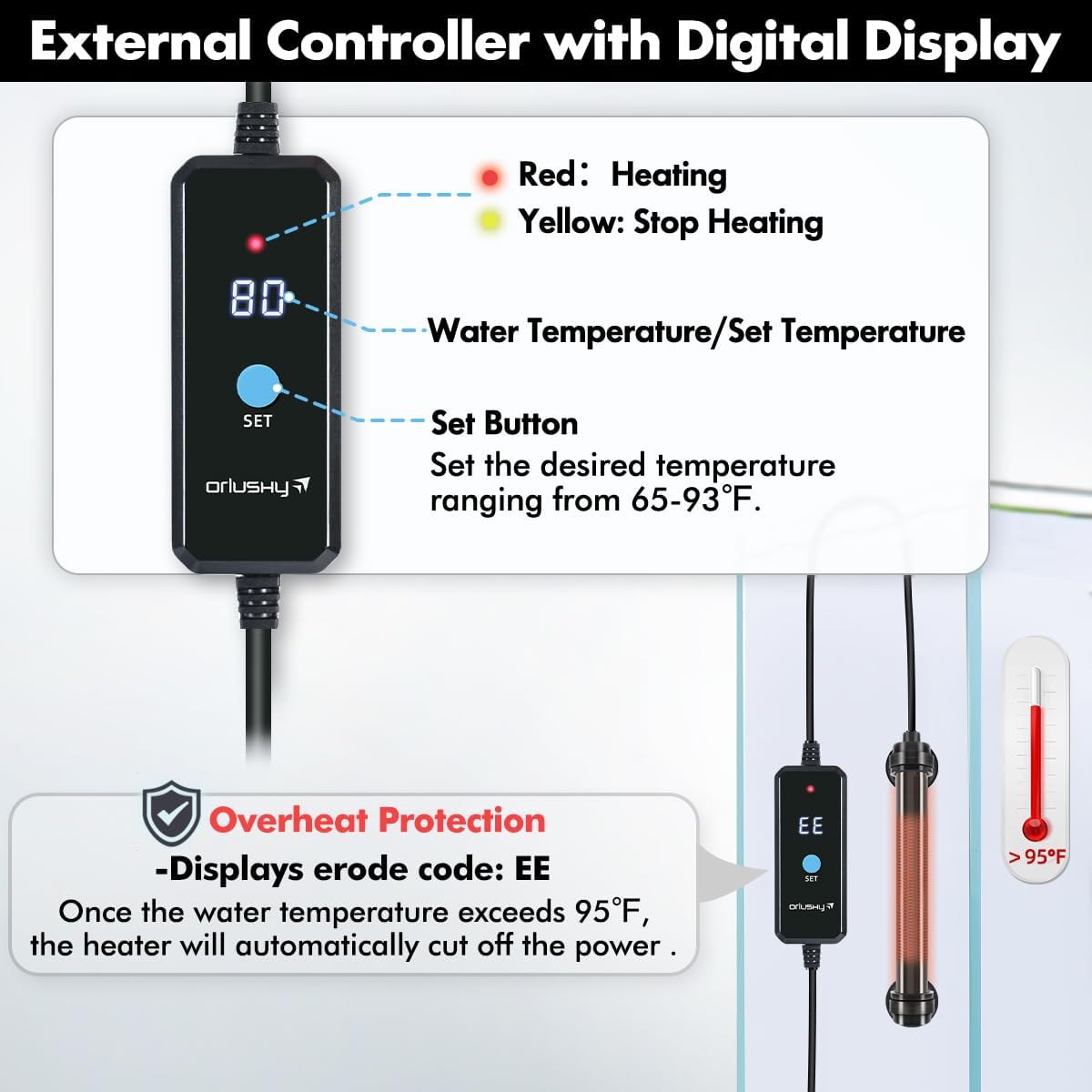 Orlushy 25W Submersible Mini Fish Tank Heater, Adjustable Aquarium Heater with Digital Display External Controller, Overheat Protection and Free Thermometer for 1-5 Gallon Freshwater & Saltwater Tank