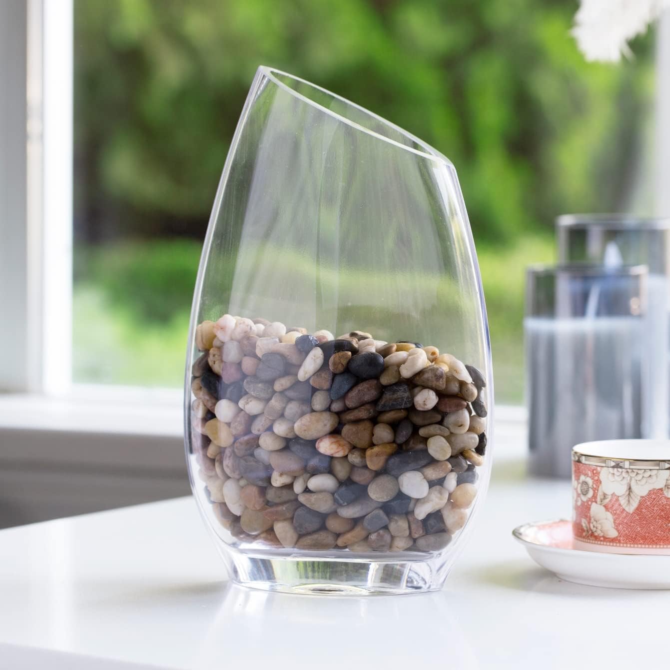 Enova Floral Unique Angled Rim Clear Glass Vase 4.5" W 8.0" H, Decorative Flower Vase for Home Decor Indoor, Wedding Centerpiece Event (1 Piece)