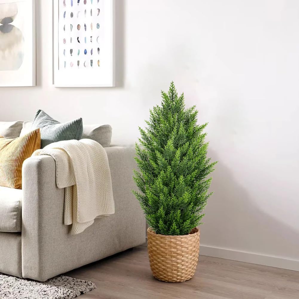 Briful 3ft Cedar Topiary Trees Artificial Outdoor Set of 2, Realistic Faux Cedar Pines with Pots, UV Resistant Christmas Greenery for Holiday Decor, Indoor Farmhouse Entryway Patio Door Plants