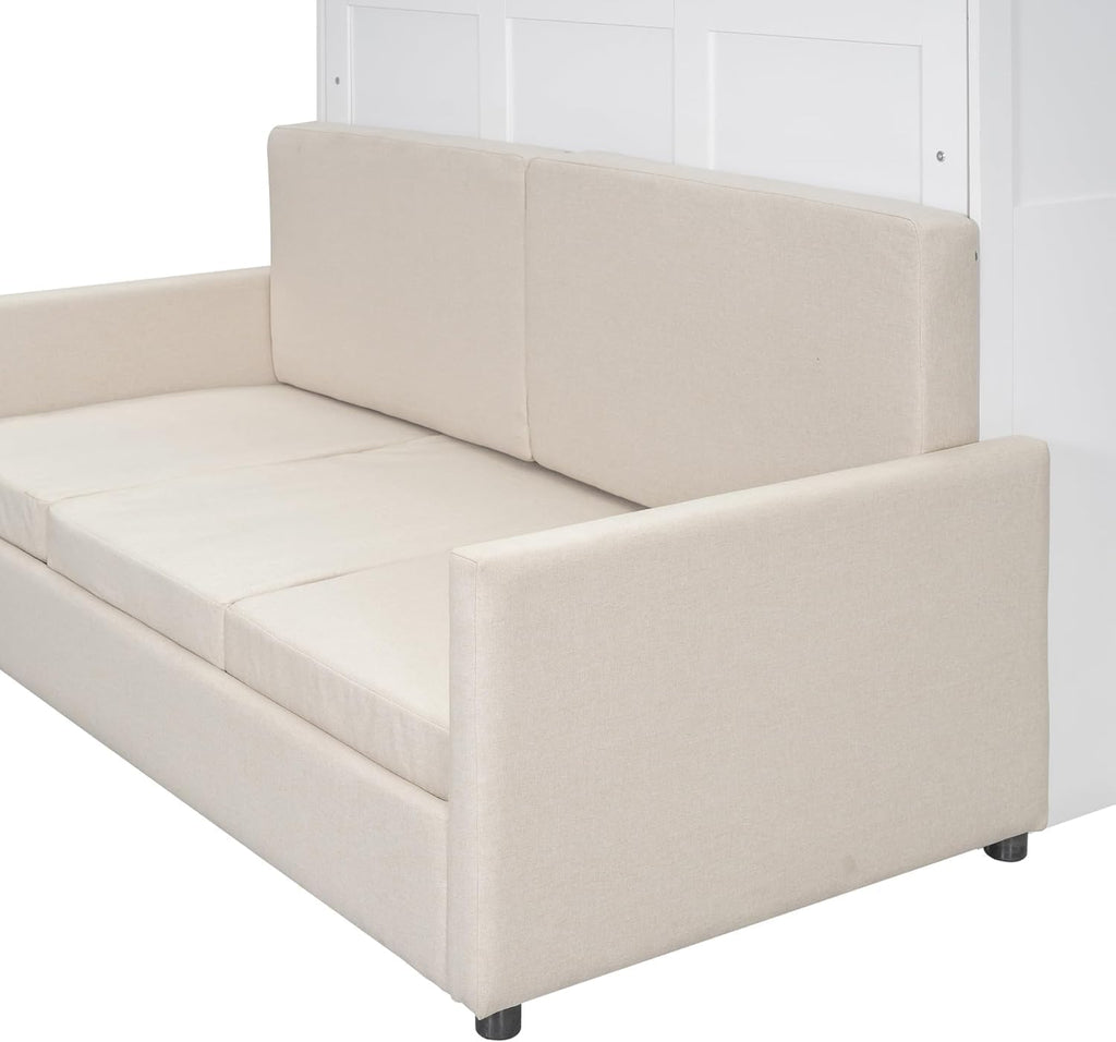 Queen Murphy Bed with Couch,Wood Folding Murphy Wall Bed Cabinet with Sofa,White