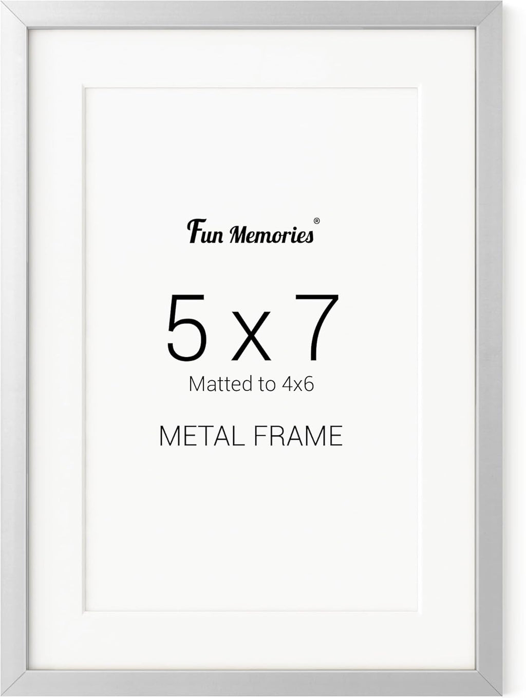 Fun Memories 5x7 Metal Picture Frame - 5 x 7 Aluminum Photo Frames with 4x6 Removable Mat- Ideal for Wall or Tabletop Display - Wall Hook Hanging Hardware Included (Silver, 1 Pack)